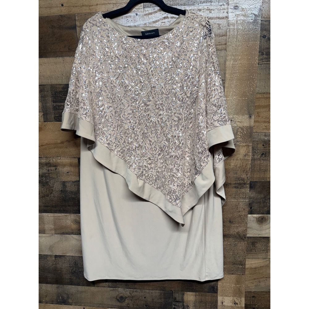 R&M Richards Champagne Beige‎ Sequin Lace Poncho Overlay Dress Size 20 Wedding